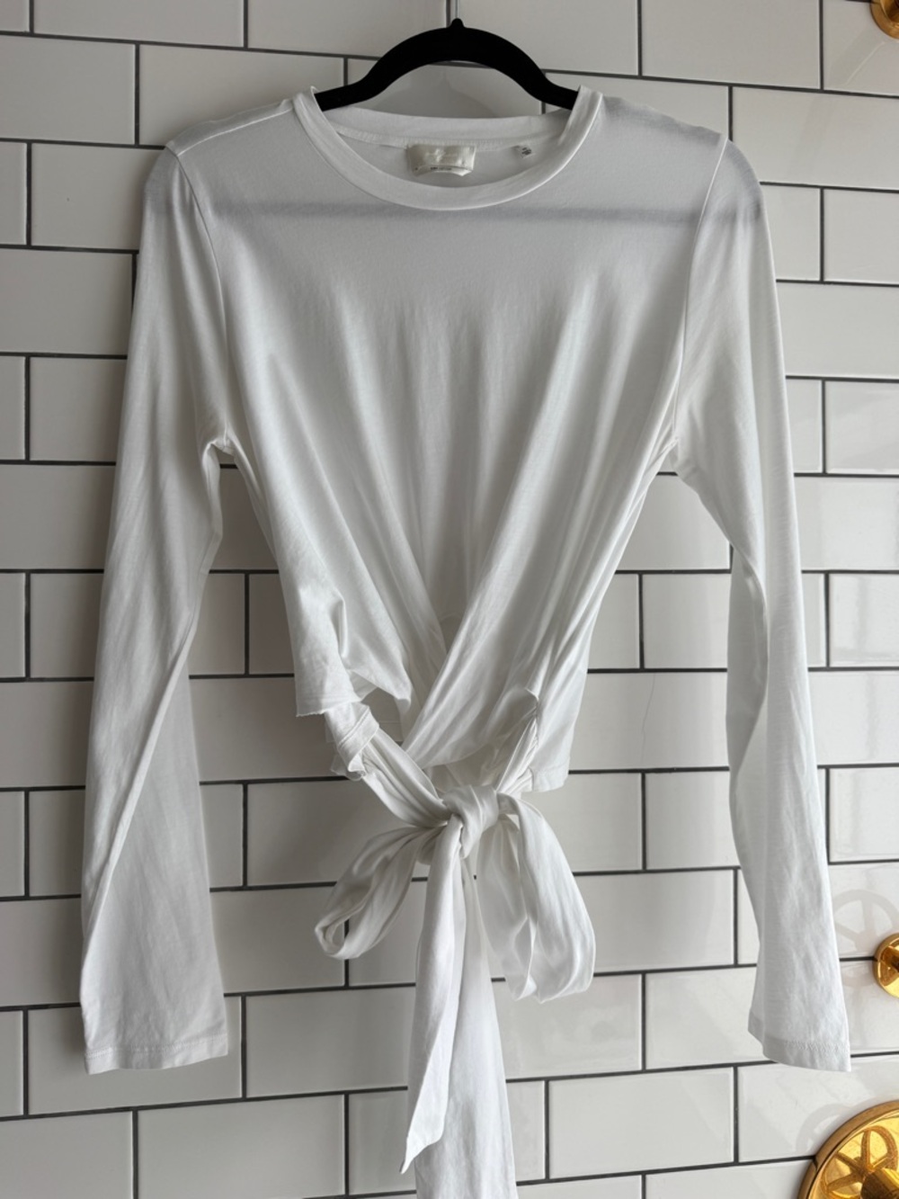 7 For All Mankind White Long-Sleeve Crop Tie-Waist Top
